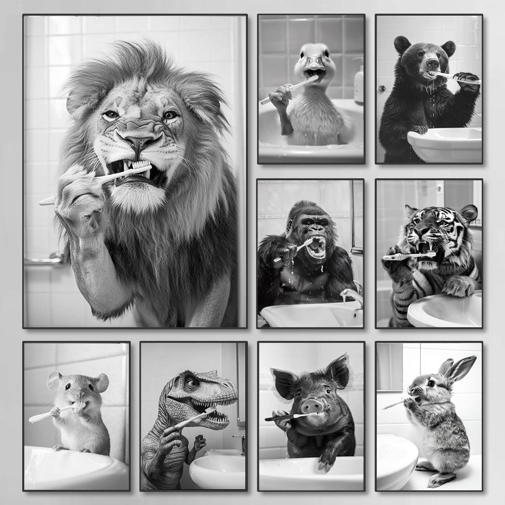 Home Bathroom Images - Black-and-white funny bathroom toothbrushing poster vintage