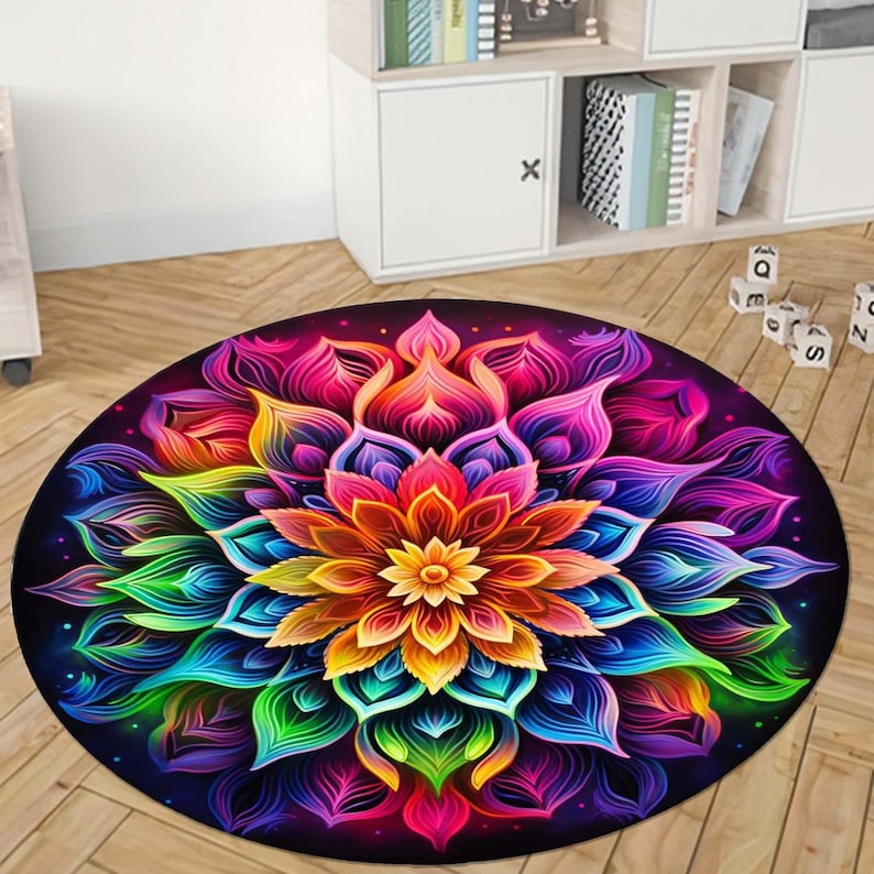 Home Bathroom Door Design - Rainbow Mandala Round Rug, Flower of